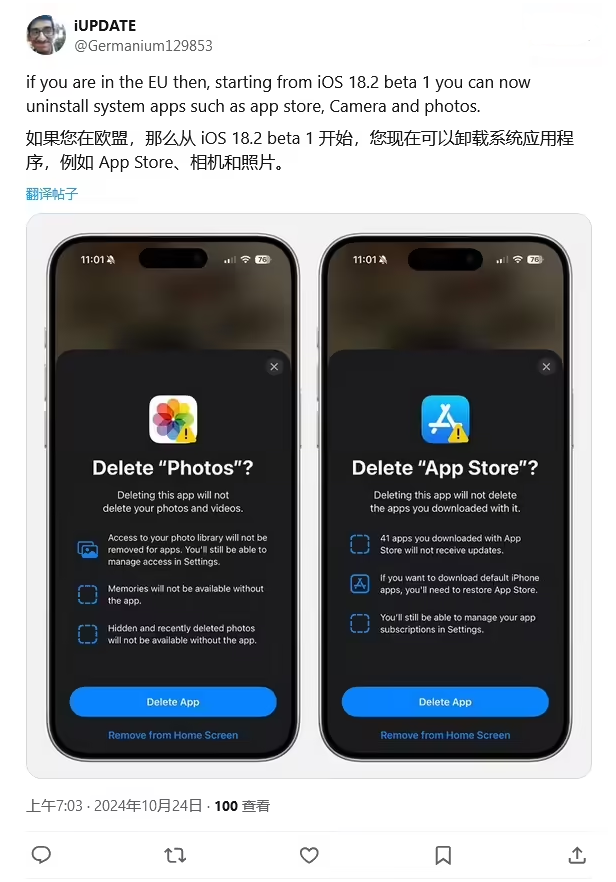 泸定苹果手机维修分享iOS 18.2 支持删除 App Store 应用商店 