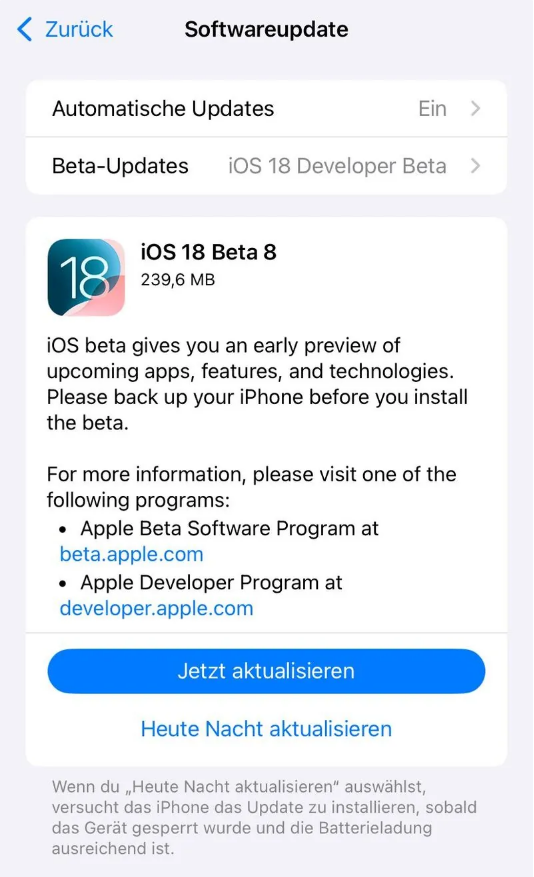 泸定苹果手机维修分享苹果 iOS / iPadOS 18 开发者预览版 Beta 8 发布 